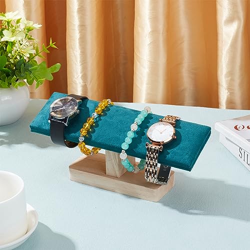 NBEADS Wooden Watch Display Stand, Green Velvet T-Bar Bracelet Holder Jewelry Organizer Stand Removable Bangle Pendants Anklet Tower Rack for Home Use, Retail Display Selling - color: Green