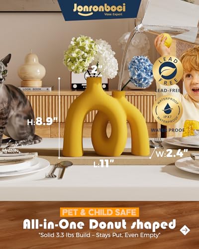 Hug Donut Decorative Vase Set - Yellow Vase, Modern Nordic Boho Style Vases Home Decor, Matte Ceramic Decorations for Living Room Shelf, Bookshelf Mantle Entryway Table or Console Décor (Yellow) - color: Yellow