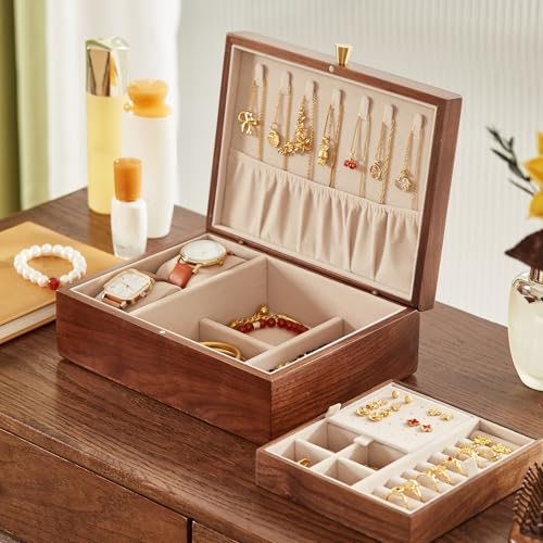 CHOSIN Black Walnut Wooden Jewelry Box for Women 2 Layer Jewelry Organizer with Removable Tray for Watches Rings Earrings Necklace Bracelets Storage Gifts for Mom - style: 2 Layer B
