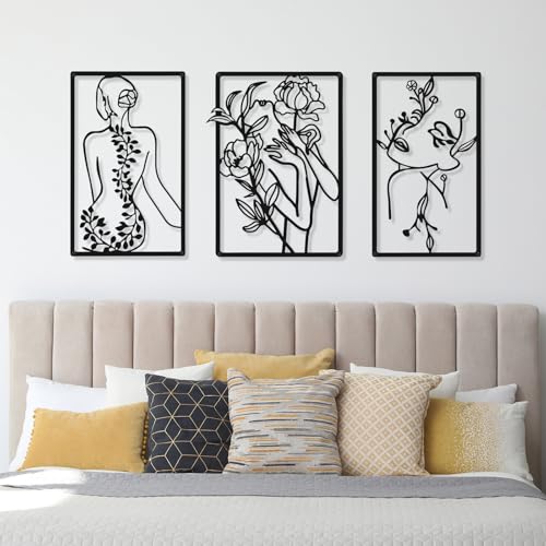 CHENGU 3 Pieces Metal Minimalist Abstract Woman Wall Art Line Drawing Wall Art Decor Single Line Female Home Hanging for Kitchen Bathroom Living Room - style: Lovely Style