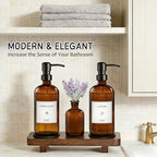 KEYWING Kitchen Soap Dispenser Set with Wood Tray, 16oz Amber Glass Soap Dispensers with Stainless Steel Pumps, Hand and Dish Soap Dispenser Set for Kitchen, Soap and Lotion Dispenser Set for Bathroom