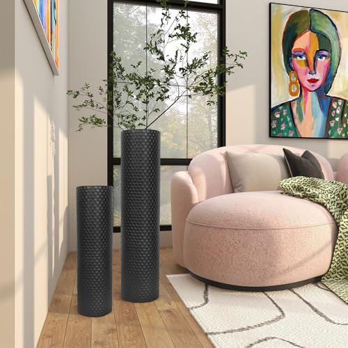 Set of 2 Black Cylinder Floor Standing Vases Large 27/21in Tall Metal Decorative Vase Honeycomb Texture Modern Home Decor for Dining Room Living Bedroom Hallway Corner
