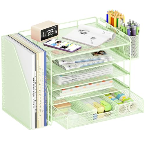 OPNICE Desk Organizer, 5-Tier Paper File Organizer with Drawer & Pen Holder, Office Desk Accessories, Workspace Desktop Organizer for Office Supplies(Green) - color: Green, size: 5-Tier