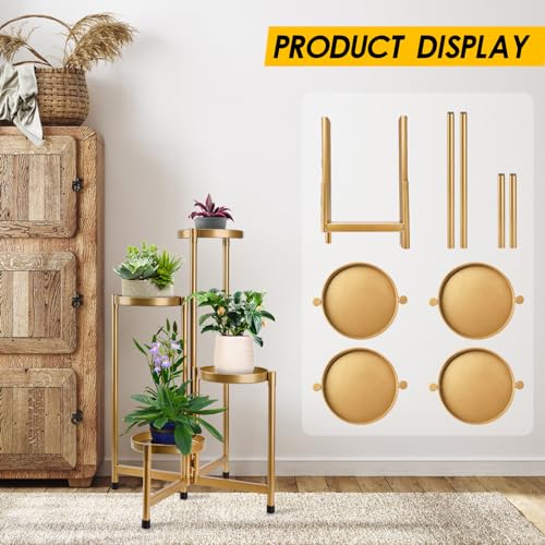 4 Tier Plant Stand Indoor Outdoor, 31 Inch Tall Metal Plant Shelf Waterproof, Plant Holder with Folding Design For Home, Living Room, New Upgrate Gold - color: Gold