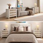 SICOTAS White Night Stand with Drawers - Large Rattan Bedside Table with Golden Handle, 3 Drawers Nightstand Tall End Table Side Table Boho Nightstand for Bedroom - color: White Cream Oak