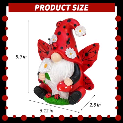 Ladybug Gnome Garden Decor, Fairy Gnome Figurine with Flowers, Spring Summer Outdoor Garden Decorations for Yard Lawn Patio, Garden Gifts for Women - color: Red