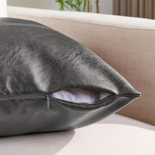 Fancy Homi 2 Packs Dark Gray Lumbar Faux Leather Decorative Throw Pillow Covers 12x20 Inch for Outdoor Couch Bed, Modern Farmhouse Boho Home Decor, Charcoal Grey Hand Stitched Cushion Case 30x50 CM - color: Dark Gray, size: 20" x 12" (Pack of 2)