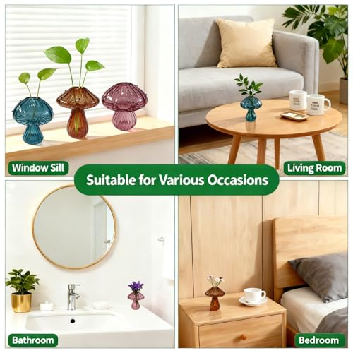 Glass Mushroom Propagation Planter - Set of 3 Cute Plant Propagation Stations for Indoor Plants, Unique Small Hydroponic Vase Jars Mini Terrariums for Window Living Room Bathroom Shelf Decor