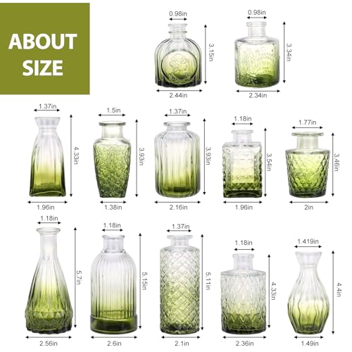12 Pack Green Glass Bud Vase Set, Small Vintage Vases for Centerpieces, Decorative Flower Vases for Wedding Home Table Decor - color: Green, size: 12pcs