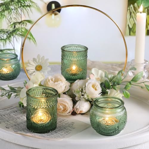 DARJEN 12Pcs Green Votive Candle Holders - Glass Tea Light Candle Holder for Wedding Shower, Candle Holder Bulks for Wedding & Home Table Decor, Vintage Parties Gifts - color: Green, size: 12 PCS