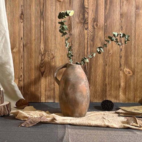 Ceramic Rustic Farmhouse Vase with Handle, 10.3 Inch Large Vintage Vase for Home Decor, Handmade Ceramic Flower Vases for Living Room, Kitchen, Office Farmhouse Centerpiece, Brown - color: Brown