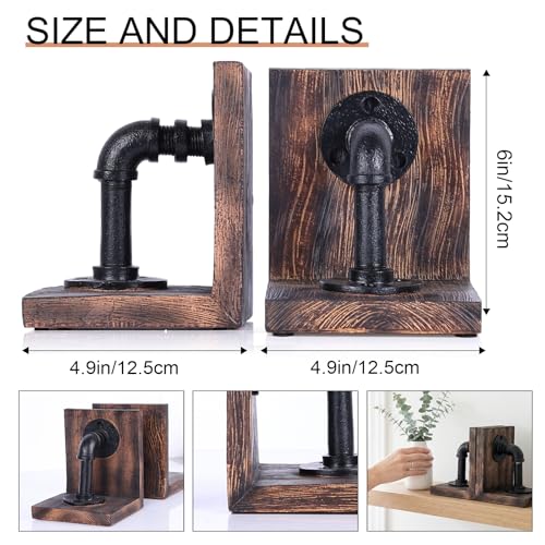 Industrial Decor Book Ends - Steampunk Decor Book Ends for Shelves, Resin Book Ends for Heavy Books, Mens Office Decor Bookends for Shelves, Unique Vintage Pipe Decorative Bookends - color: Black Brown