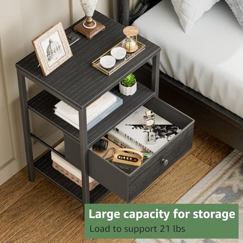 BOLUO Black Nightstand with Charging Station, LED Night Stand with Fabric Drawers and Shelf, Bedside Table with USB Ports and Outlets, Bedroom Nightstand Modern - color: B.black