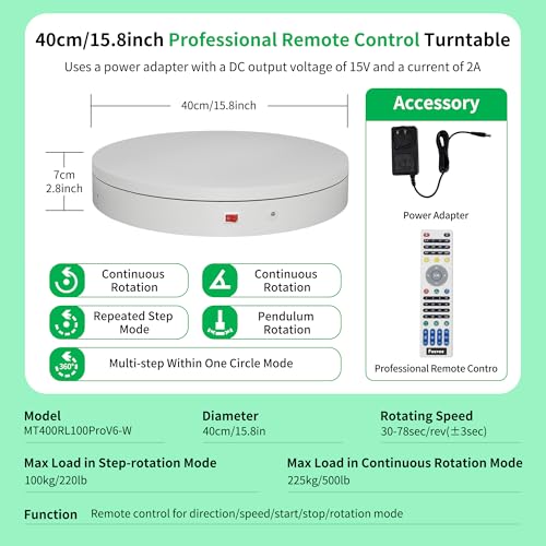 Remote-Controlled Motorized Turntable,Heavy Duty Motorized Rotating Display Stand,Speed-Adjustable Rotating Platform,Multi-Mode Photography Turntable for 3D Scan,Showcase(15.8in/White) - size: 15.8inch/White/500Lbs Load