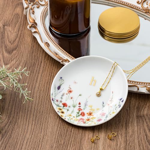 Crisky Initial Jewelry Tray Ring Dish & Gift Box, Ceramic Flower Trinket Dish for Rings Earrings Necklaces Keys, Bridal Shower Engagement Birthday Gift for Women, Friends 4.57" (Gold Foil H - style: Initial H
