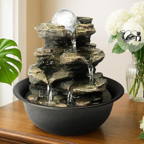 Spinning Orb Rock Cascading Tabletop Fountain, Zen Meditation Indoor Waterfall Feature with LED Light for Home Office Bedroom Relaxation - color: 8 3/10"