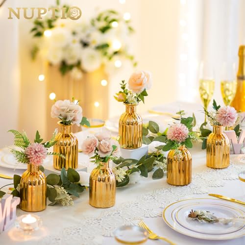 NUPTIO Bud Vases Glass Gold: 6 Pcs Small Vase Set in Bulk for Flowers - Mini Vintage Flower Bottle Single Assorted Vases for Wedding Table Centerpieces - size: Style 2