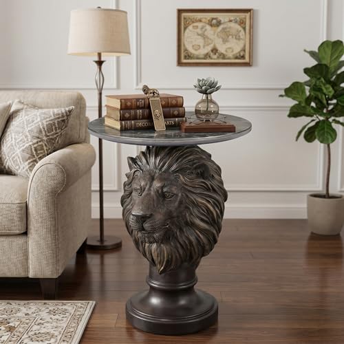 Vintage Bronze Lion Head Sculptural Side Table with Black Faux Marble Top, 19.69" Round Resin End Table, 25.59" H Majestic Accent Table for Living Room, Retro Office Decor, Heavy Duty - color: Black Lion