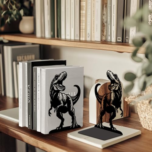 Peacoblue Metal Bookends for Shelves, Modern Decorative Heavy Duty Study Book Ends Stoppers for Office, Desk, Shelf, Room 5.3"x4.3"x7.9" Cast Iron Simple Tall Bookends 1 Pair (Tyrannosaurus Rex) - style: Tyrannosaurus Rex