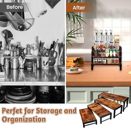 NANXITU 4 Pcs Wood Risers Display Stand, 4 Tier Cupcake Holder with Metal Frame Wooden Risers for Table Display, Perfume Collectibles Organizer Shelf, Tiered Riser for Vendors, Buffet Risers for Food Desserts Party Decor