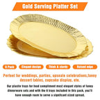 6 Pack Plastic Serving Tray Set, Gold Rectangular Serving Platters 14"x8.5", Reusable Food Display Trays, Decorative Appetizer Platters for Party Dessert Table Cupcake Charcuterie Cookies