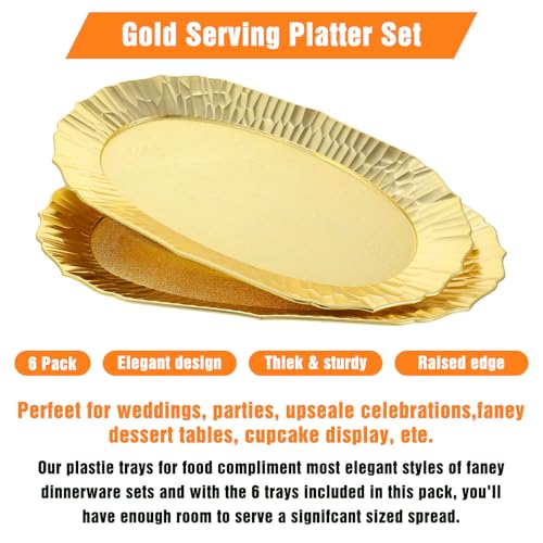 6 Pack Plastic Serving Tray Set, Gold Rectangular Serving Platters 14"x8.5", Reusable Food Display Trays, Decorative Appetizer Platters for Party Dessert Table Cupcake Charcuterie Cookies