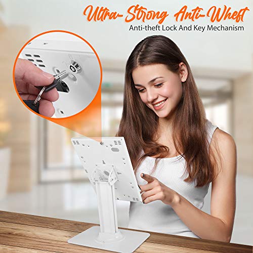 Anti Theft Tablet Security Stand - Table Mount Desktop Ipad Kiosk Stand w/Lock and Key Mechanism, 90° Rotate 75° Tilt - iPad, iPad Air, iPad Pro, Samsung Galaxy Tab A (2021) - Pyle PSPADLK18, White