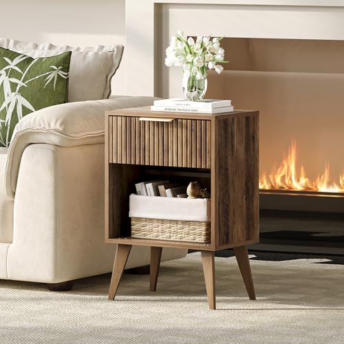YAUKOMEL Fluted Night Stand with Opening Storage,Mid Century Bedside Table with Drawer,Wood Nightstand with Legs,End Table Side Table for Living Room,Bedroom,Caramel Oak 11.8"Dx15.7Wx 25.2"H CTG56BR - color: Caramel Oak