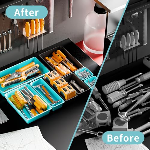 [5 Sizes] [69 PCS] Tool Drawer Organizer, Tool Box Desk Drawer Tray, Rolling Tool Chest, Toolbox Organizer (Black+ Sky Blue) - color: Black+ Sky Blue