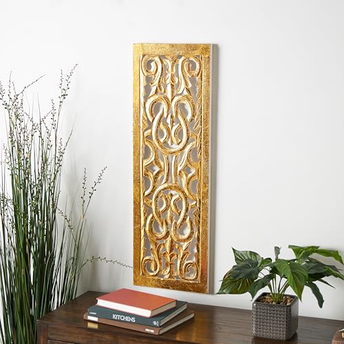 Deco 79 Wooden Floral Handmade Home Wall Decor Intricately Carved Arabesque Wall Sculpture, Wall Art 12" x 1" x 36", Gold - color: Gold