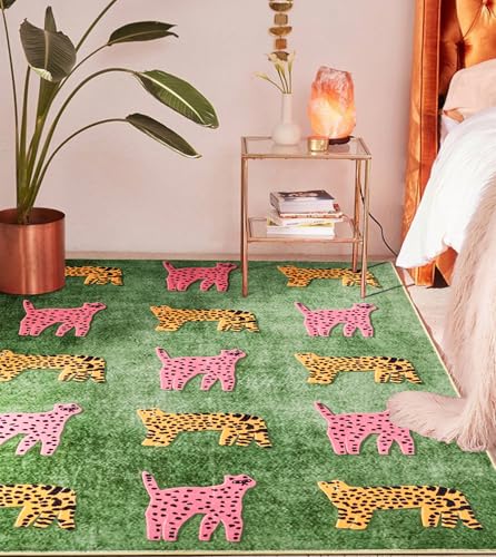 Leopard Washable Rugs, Green Cute Cheetah Tropical Animals Boho Vintage Distressed Hippie 3x5 Area Rugs for Dining Living Room Bedroom Kitchen Nursery, Oriental Aesthetic Tribal Indoor Entryway Carpet - color: Green, size: 3' x 5'