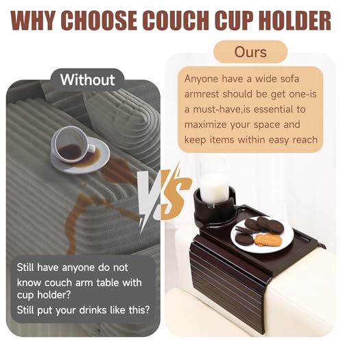 SINWANT Couch Cup Holder Tray, 2 in 1 Bamboo Couch Armrest Table Clip on Sofa Armrest Table,Foldable Anti Silp Arm Rest Side Tray for Drink Coffee Mug, Snacks, Remote - color: Black Walnut
