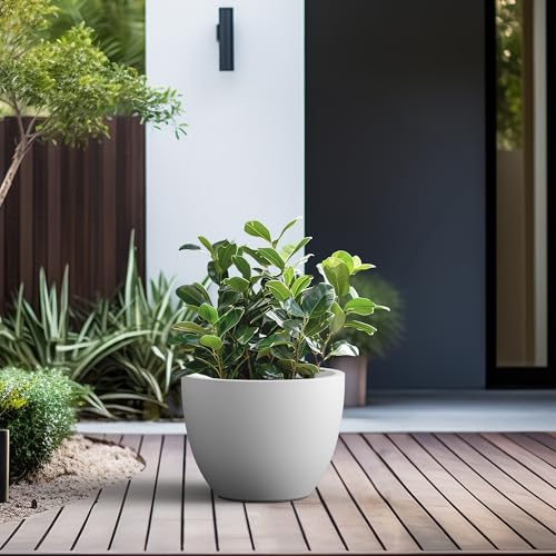 Kante 14.2 Inch Round Concrete Planter - Classic Large Indoor/Outdoor Plant Pot with Drainage Hole and Rubber Plug, Suitable for Gardens and Patios, White - color: White, size: 14.2"Dia x 10.6"H
