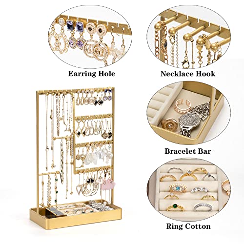 Jewelry Organizer, 4-Tier Earring Holder Organizer with Metal Tray, Jewelry Holder Stand for Necklaces Stud Earrings Bracelets and Rings, Earring Organizer (Gold) - color: Gold