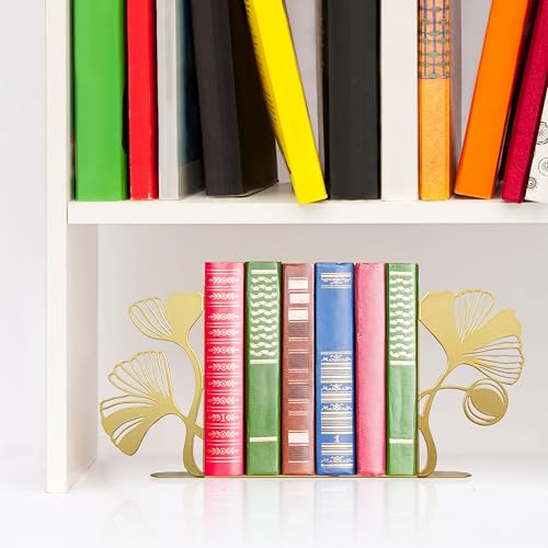 Gold Bookends – Unique Decorative Book Ends with Ginkgo Leaf Design, Cute Bookends for Shelves, Desks, or Libraries for Book Lovers