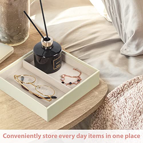 JACKCUBE Design Leather Valet Tray, Catchall Storage Women Vanity Nightstand Tray for Keys, Phones, Jewelry, Makeup, Perfume, Watches (Ivory) - MK1092B - color: Ivory- 2 Compartment