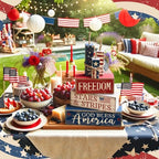 CroBlissful 4 Pcs 4th of July Decorations Patriotic Memorial Day Tabletop Decorations Red White Blue Table Centerpieces Sign for Office Tiered Tray Home Shelf 250th Anniversary(Freedom) - style: Freedom