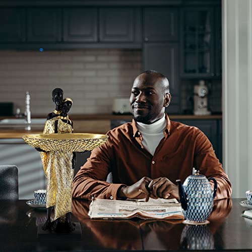 Lescafita Handmade African Couple Sculpture - Gold Tribal Standing Figure with 7.8" Basket, Resin Home Decor for Shelves/Tables, Cultural Gift for Small Items (14.5" H) - color: 310-gold