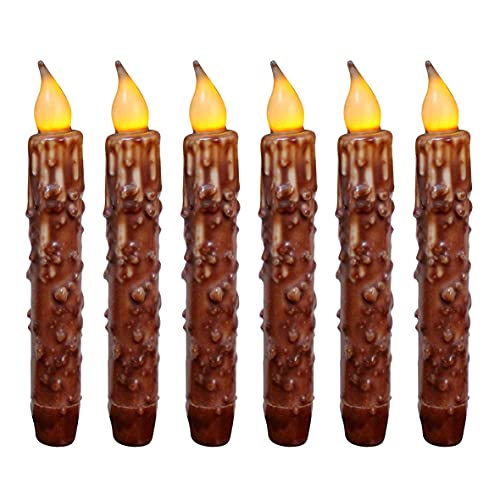 CVHOMEDECO. Real Wax Hand Dipped Battery Operated LED Timer Taper Candles Rustic Primitive Flameless Lights Décor, 6-3/4 Inch, Coffee, 6 PCS in a Package - color: Coffee 6 Pcs