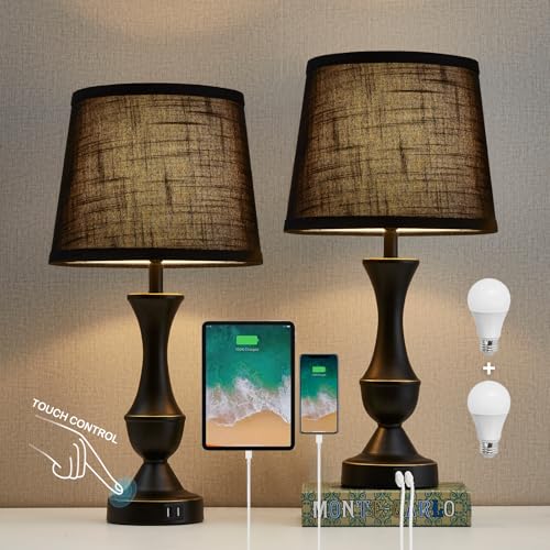 Luvkczc Black Touch Table Lamps Set of 2, 22" Tall Bedside Lamps with USB C+A Charging Ports, Nightstand Lamps for for Bedroom, Living Room, Office, with Black Lampshade, LED Bulb Included - color: Black, size: 22in