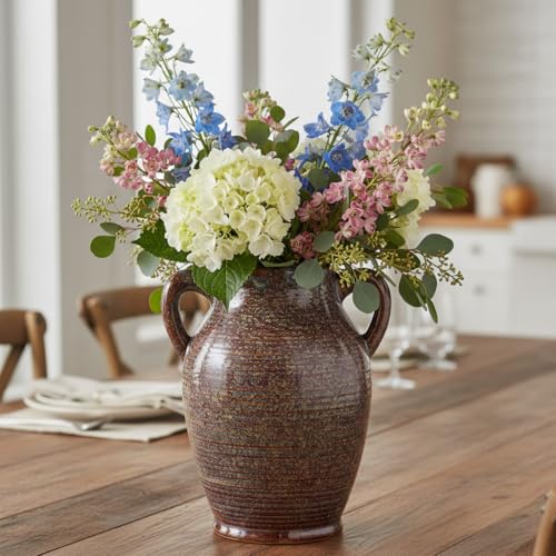 Sunddo Brown Ceramic Vase 8 Inch - Rustic Decorative Flower Vase with 2 Handles, Farmhouse Decor, Bedroom, Bathroom, Bookshelf, Mantel, Living Room Decor - color: Brown - 8, size: 8 Inch
