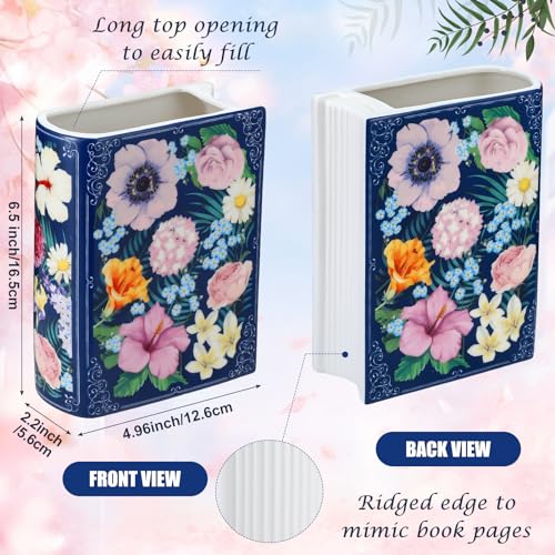 Uiifan Book Shaped Small Flower Vase Decorative Ceramic Vases Cute Home Decor for Bookshelf Dining Table Desk Office Home Decor Unique Vase for Book Lovers (Retro Flowers)
