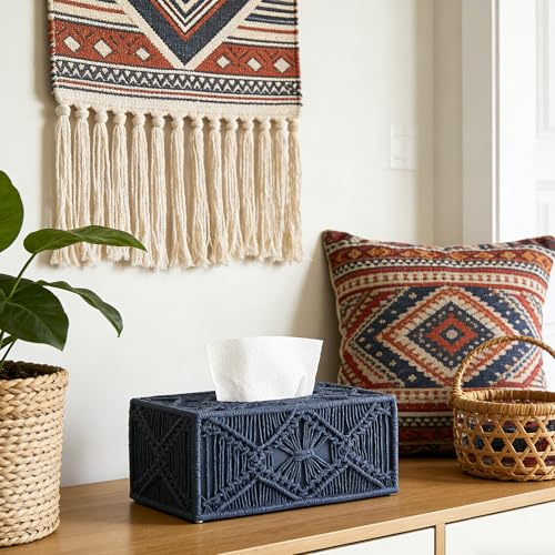 Woven Macrame Boho Tissue Box Cover Rectangular for Home Decor,Resin Heavy Woven Tissue Box Holder for Bathroom Kitchen Countertop,Bedroom, Vanity, Night Stand, Office, Waterproof Durable (Blue) - color: Boho Blue