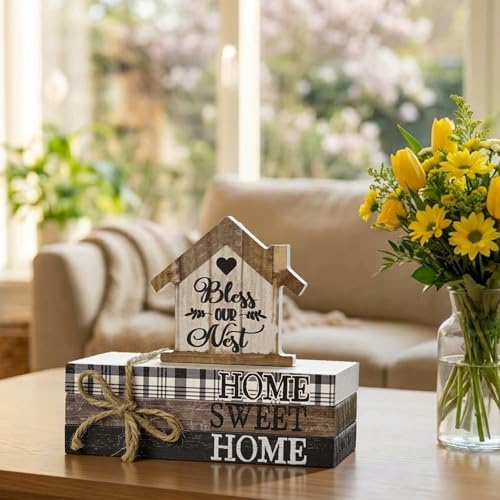 Smile Farmhouse Wooden Tabletop Decor Rustic Home Sweet Home Table Centerpiece, Block Sign Tiered Tray Decoration for Kitchen Shelves Desk Mantel - style: Sweet Home
