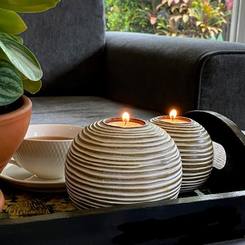 Tuva Orb Candle Holders (Gift Boxed Set of 2), Table Centerpieces for Dining or Living Room, Spa, Bathroom, Kitchen Counter, Mantle or Coffee Table Decor (Light Brown and White) - color: Light Brown and White