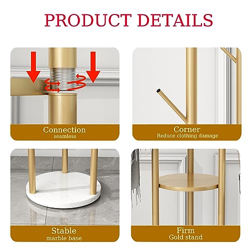 Gold Coat Racks Freestanding with 9 Hooks, Metal Coat Stand with Heavy Marble Base, Entryway Coat Tree Hanger, Purses Racks - style: Coat-13''W