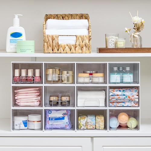 Vtopmart 4Pack Small Stackable Storage Drawers, Bathroom Makeup Organizer,Plastic Storage Bins For Vanity, Undersink, Kitchen Cabinets, Pantry, Home Organization(White) - style: 4pack-White