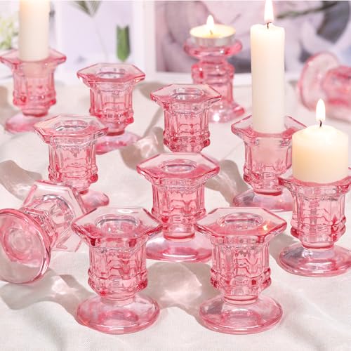 Pink Candlestick Holders Bulk, 12 Pcs Glass Candle Holders Set,Crystal Taper Candle Holder for Wedding, Table Centerpiece, Home Decoration - color: Pink