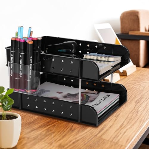 Stackable Letter Tray Papers Organizers, A4 Size Desk Organizer Tray for Letter Paper Stationery Desk Accessories, Plastic Black Paper Holder File Organizer for Office, School, Home (Dark Black) - color: Dark Black