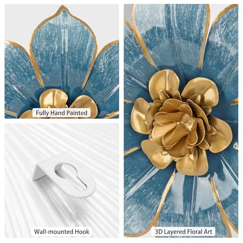 10" Metal Flowers Wall Decor, Blue & Gold 3D Floral Metal Wall Art Decor for Inoor & Outdoor Use, Vintage & Modern Walls Arts for Bathroom, Living Room, Bedroom, Office, Garden, Patio, Porch, 1 Piece - color: # 1 Blue and Gold